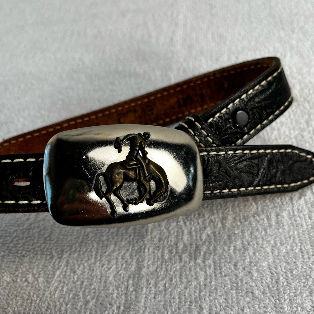 Acme Vintage Brown Leather Belt 26 With Bucking Bronc Cowboy Buckle made in USA